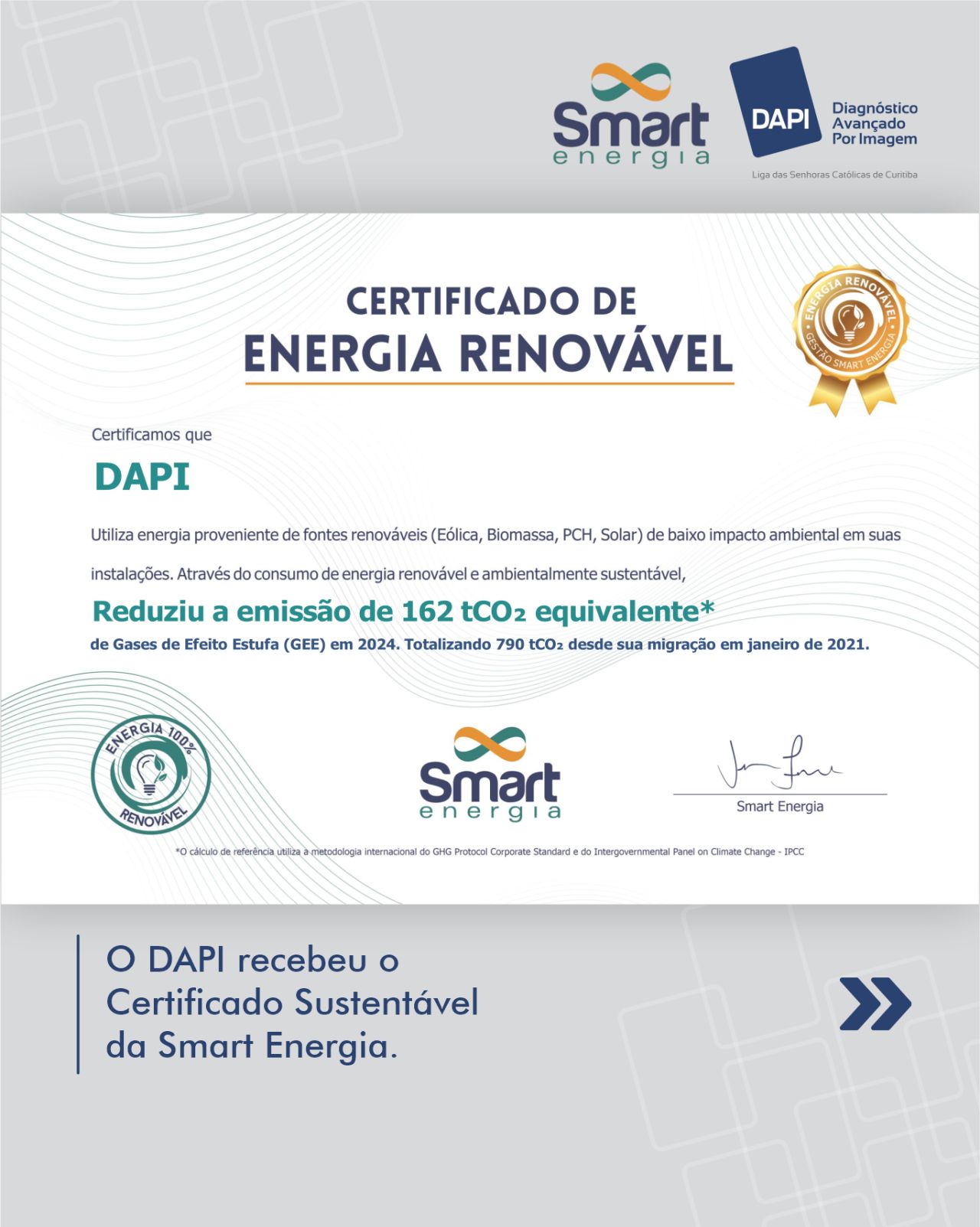 Da Dapi DAPI recebe Certificado Sustentável da Smart Energia e reforça ...